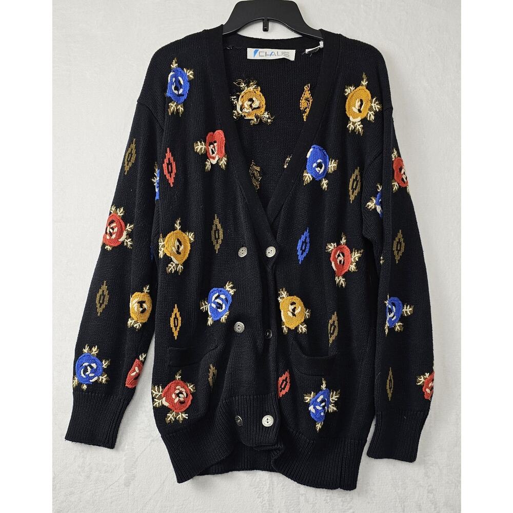 Vintage Chaus Black Cottagecore Floral Double Breasted Knit Cardigan Sweater L